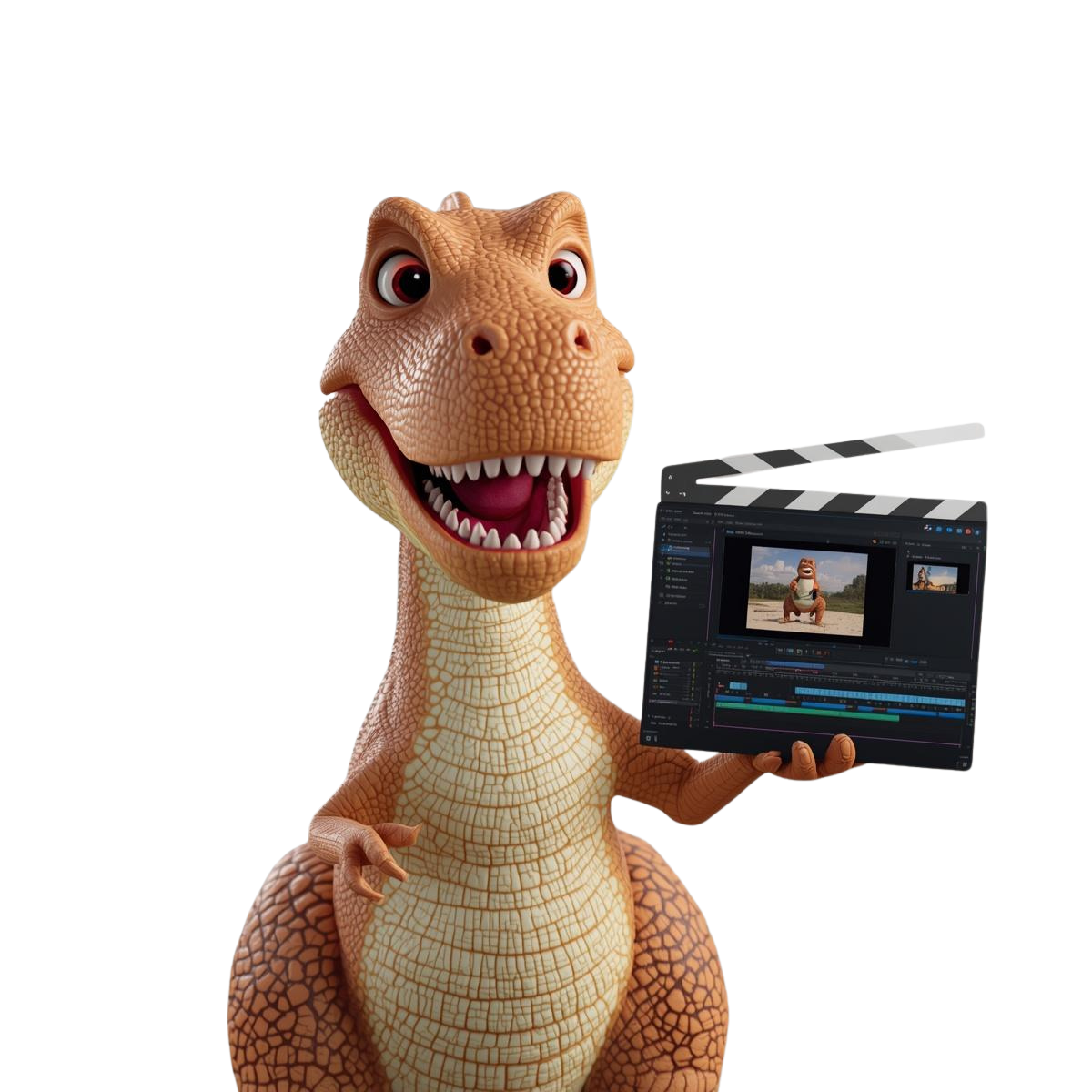 NodeClip mascot dinosaur holding a video editor